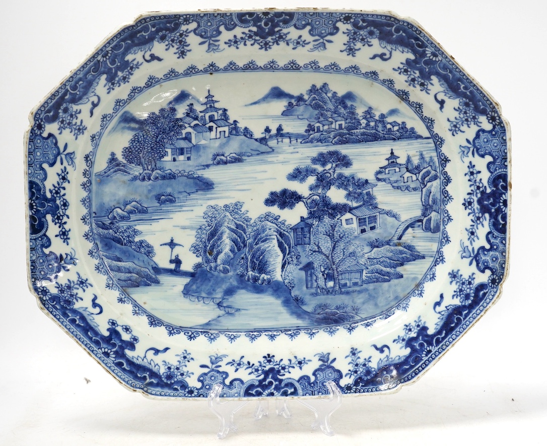 An 18th century Chinese octagonal export blue and white dish, 41cm wide. Condition - fair